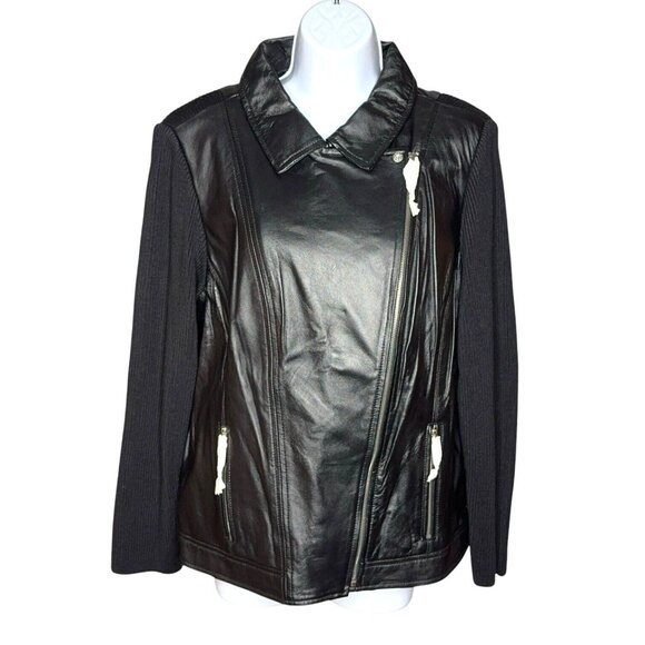 Linea by Louis Dell’Olio Soft Leather Moto Jacket Black Knit Back Sleeves 18W - Picture 2 of 16